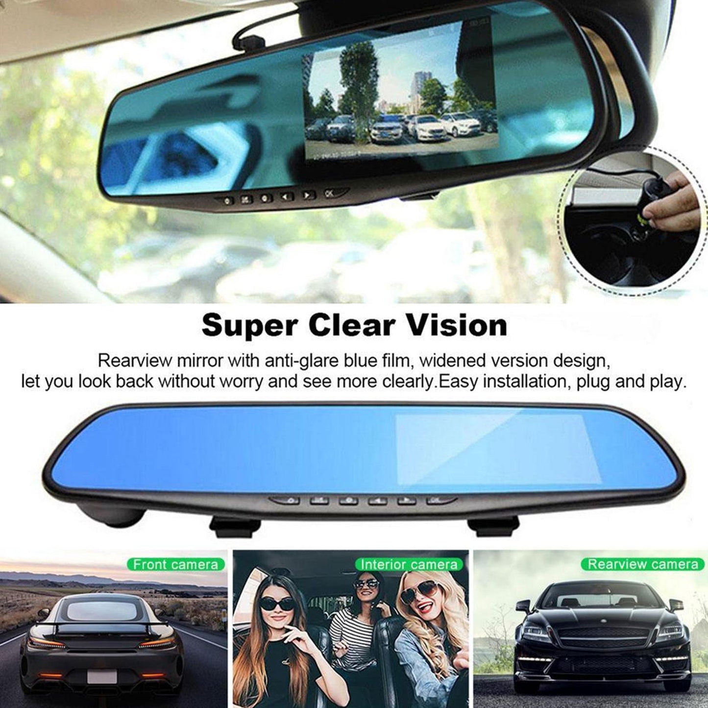 Espejo Retrovisor 2 Camaras Hd DVR Con Pantalla cámara de reversa y frontal universal